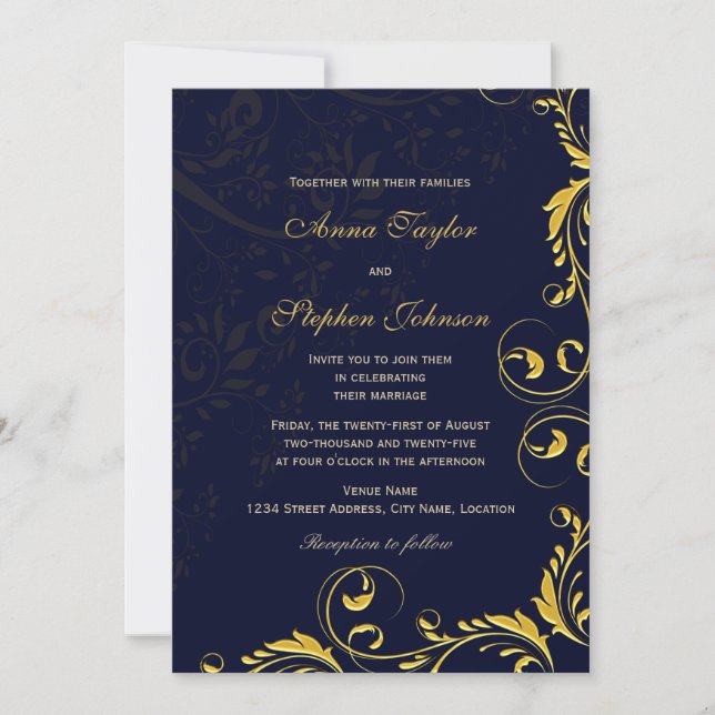 Invitation Elégant or Floral Botanical Swirls Navy (Devant)