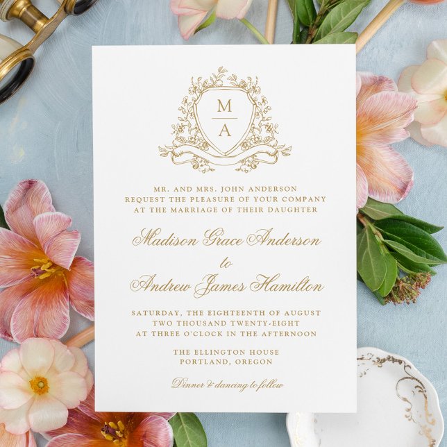 Invitation Élégant or Floral Crest Monogram Mariage (Créateur téléchargé)