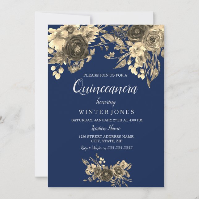 Invitation Elégant or Floral Navy Blue Quinceanera Inivte (Devant)