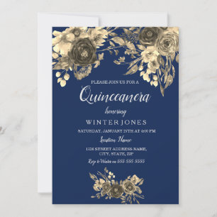 Invitation Elégant or Floral Navy Blue Quinceanera Inivte
