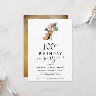 Invitation Élégant or floral talons hauts 100e anniversaire