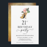 Invitation Élégant or floral talons hauts 21e anniversaire<br><div class="desc">Moderne Elegant Gold Tropical Floral Gold High Heels 21st Birthday Party Invitation mettant en vedette notre glamour aquarelle brillant talon or haut entouré de fleurs tropicales roses et vertes. L'arrière - plan est un luxueux lave-or aquarelle. Facile à customiser avec vos informations pour une simple invitation de fête d'anniversaire élégante....</div>