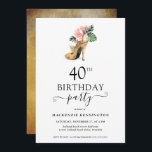 Invitation Élégant or floral talons hauts 40e anniversaire<br><div class="desc">Moderne Elegant Gold Tropical Floral Gold High Heels 40th Birthday Party Invitation mettant en vedette notre glamour aquarelle brillant talon d'or haut entouré de fleurs tropicales roses et vertes. L'arrière - plan est un luxueux lave-or aquarelle. Facile à customiser avec vos informations pour une simple invitation de fête d'anniversaire élégante....</div>