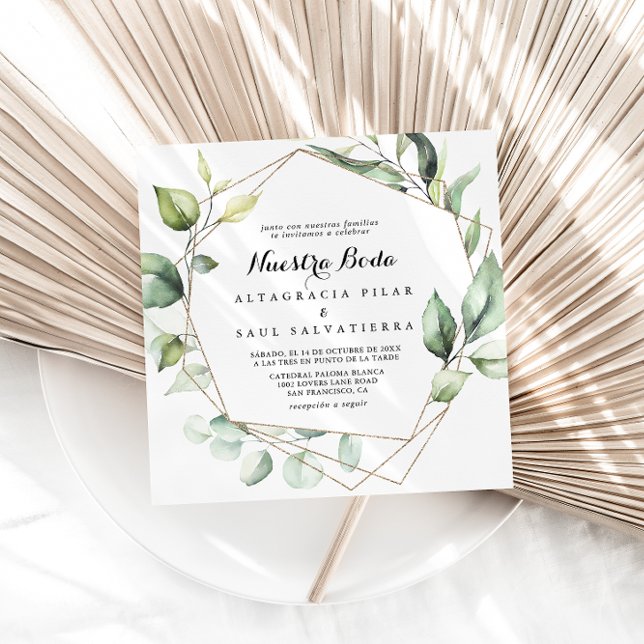 Invitation Elégant or géométrique vert Nuestra Boda Mariage (Créateur téléchargé)