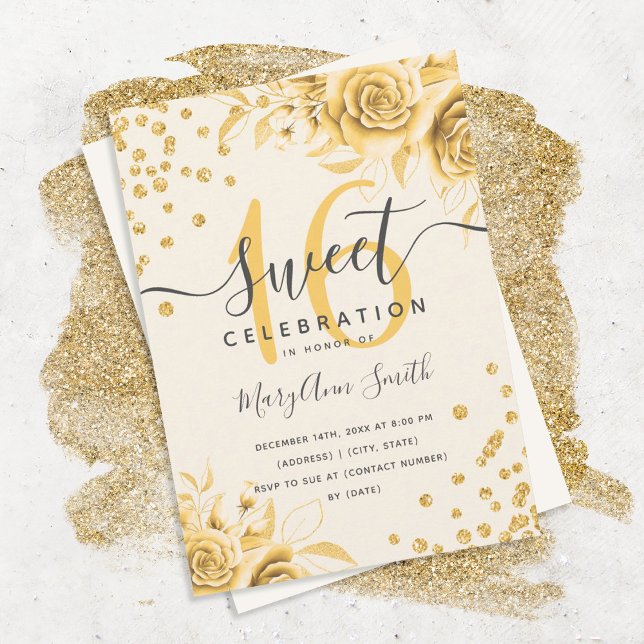 Invitation Élégant or glam Parties scintillant Floral Sweet s (Créateur téléchargé)
