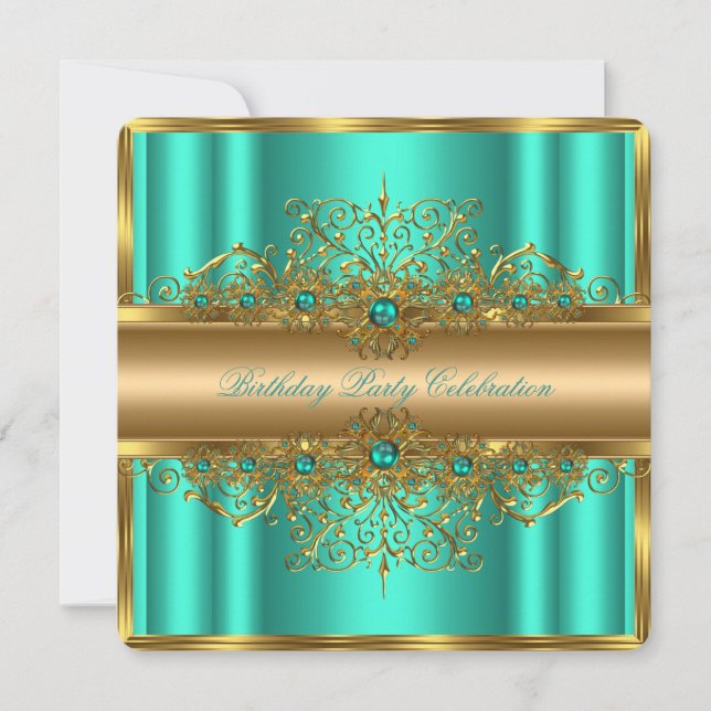 Invitation Elégant Or Jade Turquoise Perles Fête d'anniversai (Devant)