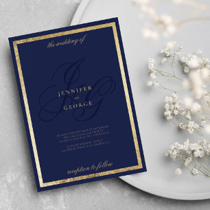 Invitation Élégant or marine bleu monogramme parties mariage