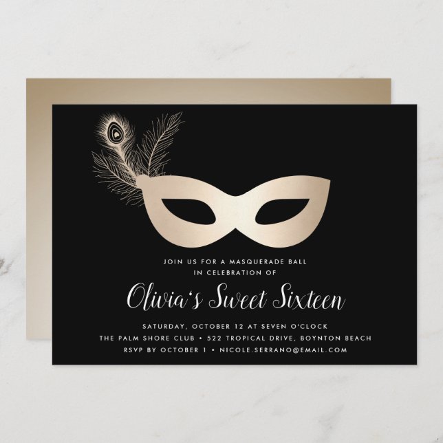 Invitation Elégant or Masquerade thème Sweet sixteen (Devant / Derrière)