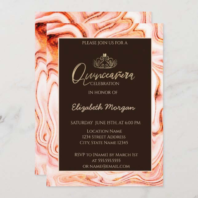 Invitation Elégant or moderne Tiara Marbre Quinceañera (Devant / Derrière)