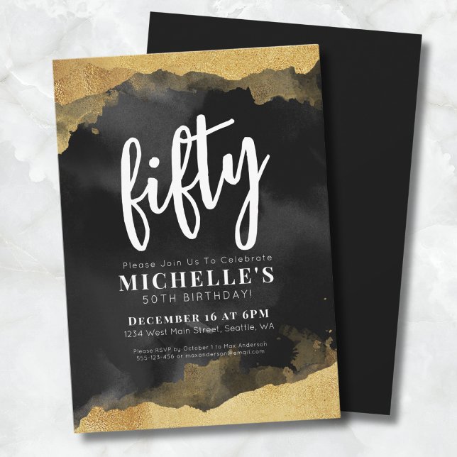 Invitation Elégant Or Noir 50e Anniversaire (Elegant Black Gold 50th Birthday Invitation)