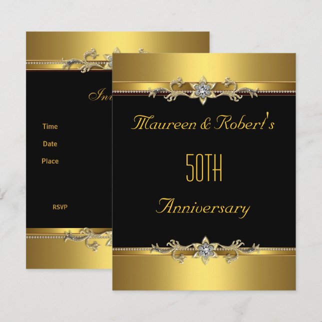 Invitation Élégant or noir 50e anniversaire (Devant / Derrière)