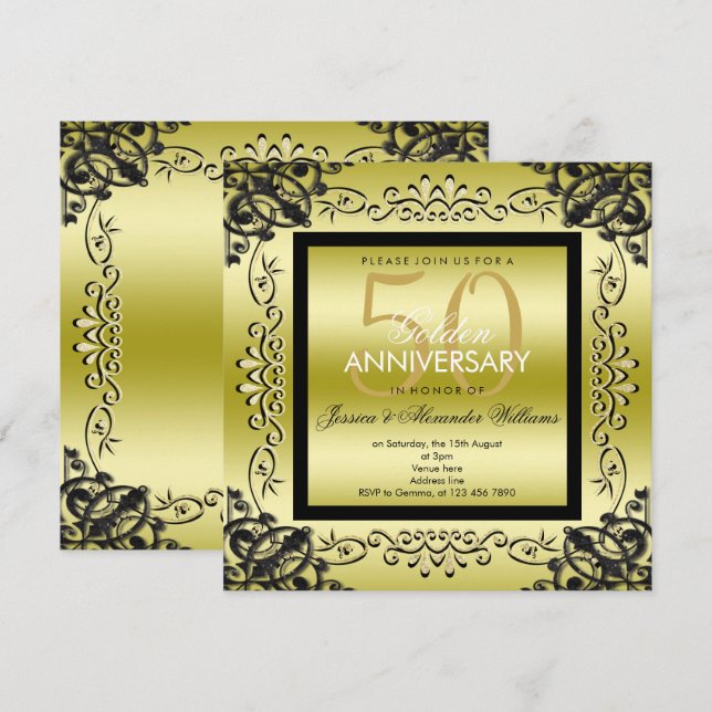 Invitation Élégant Or & Noir 50e Anniversaire de Mariage de F (Devant / Derrière)