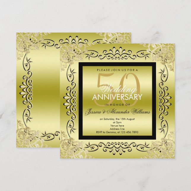 Invitation Elégant Or & Noir 50e Mariage de Femme (Devant / Derrière)