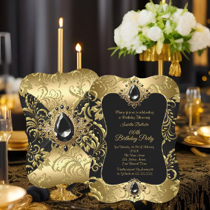 Invitation Élégant Or Noir Bijou Damassé Fête d'Anniversaire