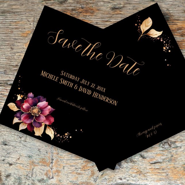 Invitation Elégant or noir bordeaux côté Enregistrer la date (Elegant black gold burgundy front/back Save the Date Invitation - double sided)