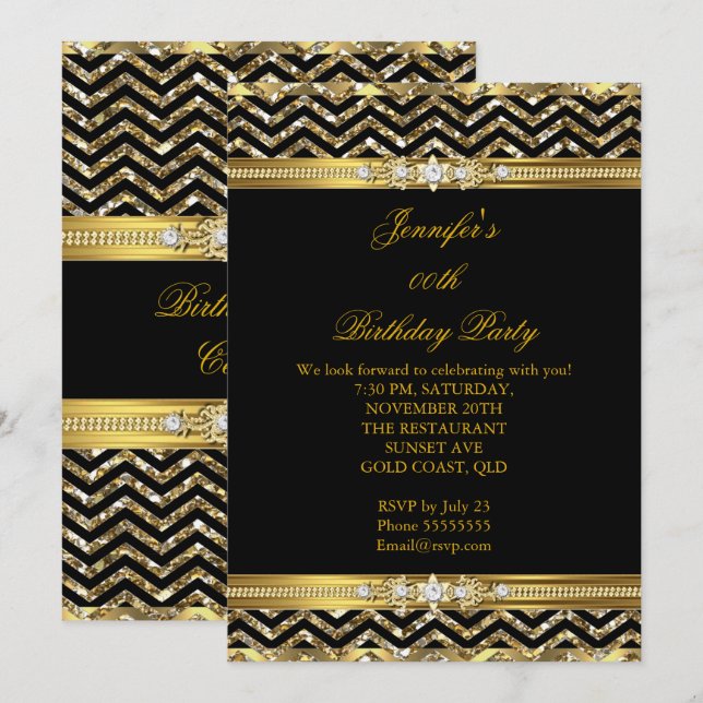 Invitation Elégant Or Noir Chevron Diamant Anniversaire 2 (Devant / Derrière)