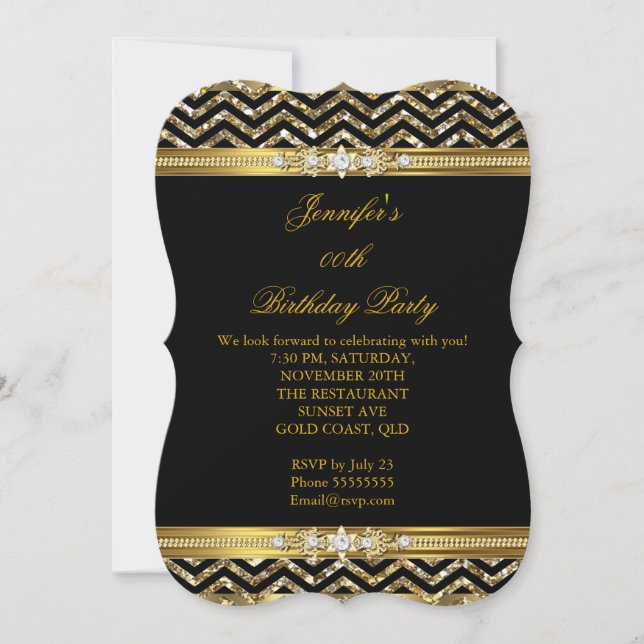 Invitation Elégant or noir Chevron Diamond Anniversaire 2 (Devant)