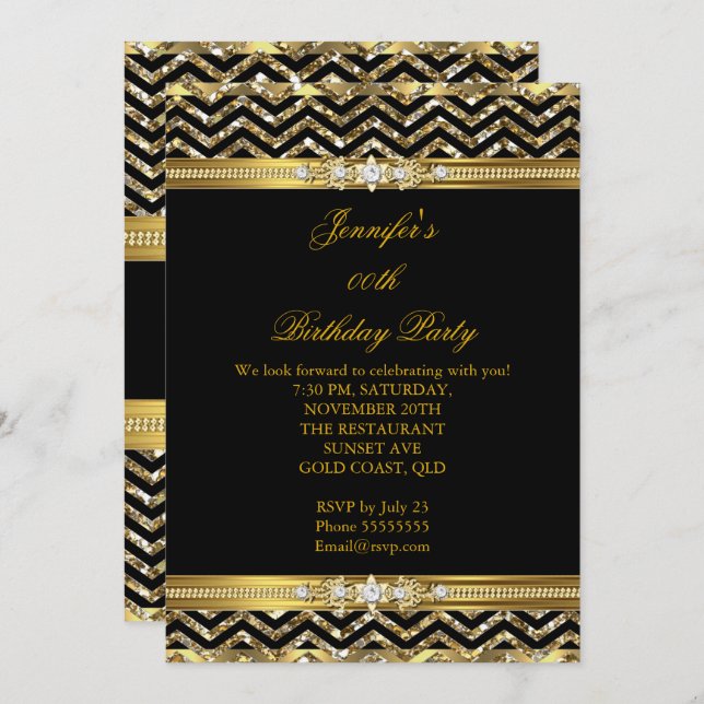 Invitation Elégant or noir Chevron Diamond Anniversaire 2 (Devant / Derrière)