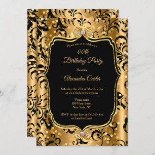Invitation Elégant or noir Damask Jewel Bow Anniversaire