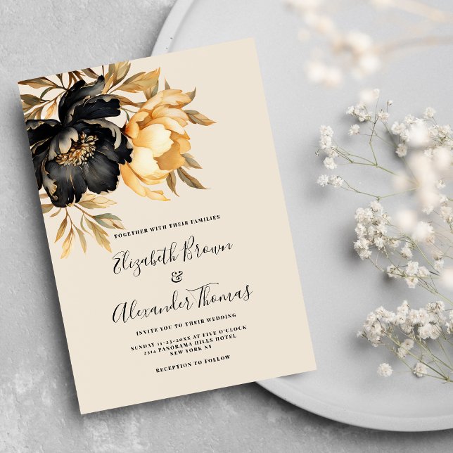 Invitation Élégant or noir ivoire menthe peony mariage floral (Elegant gold black ivory mint peony floral wedding)