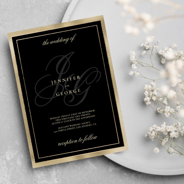 Invitation Élégant or noir monogramme initiales mariage de gl (Elegant black gold monogram initials glam wedding )