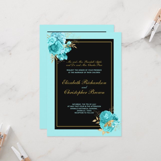Invitation Élégant or Noir Turquoise Floral Parents Mariages (Devant/Arrière en situation)