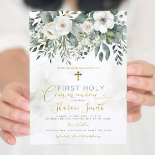 Invitation Elégant or Première Sainte Communion Blanc Floral