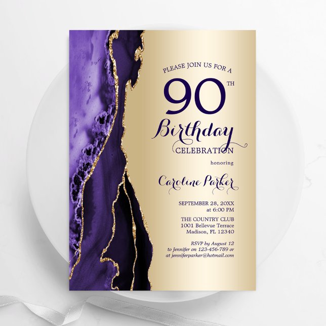 Invitation Elégant Or Purple Agate 90e anniversaire (Créateur téléchargé)