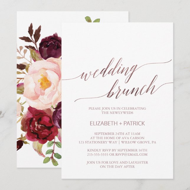 Invitation Élégant or Rose | Brunch Mariage floral (Devant / Derrière)