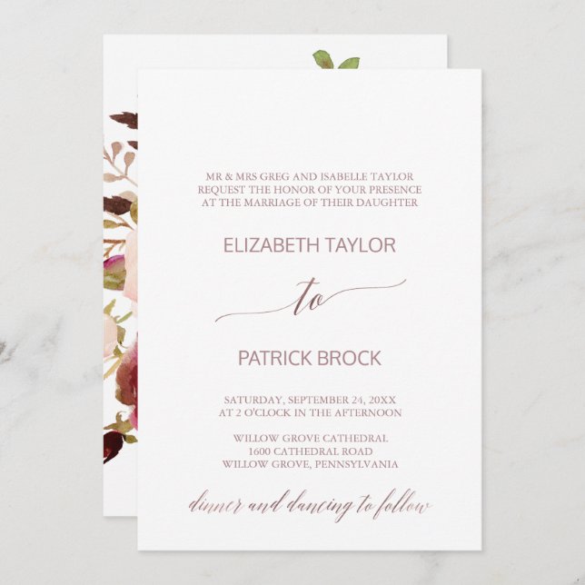 Invitation Élégant or Rose | Floral Mariage officiel (Devant / Derrière)