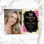 Invitation Elégant or Roses Roses Roses Roses Noires Photo 50<br><div class="desc">Elégante invitation au 50e anniversaire fleurie féminine avec votre photo. Design de glam avec faux or. Comprend des roses roses roses, des caractères de script et des confettis. Parfait pour une fête anniversaire adulte élégante. Personnalisez avec vos propres détails. Peut être customisé pour n'importe quel âge ! Invitations Zazzle imprimées...</div>