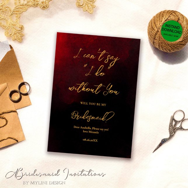 Invitation Élégant Or Rouge et Noir Demoiselle d'Honneur (Créateur téléchargé)