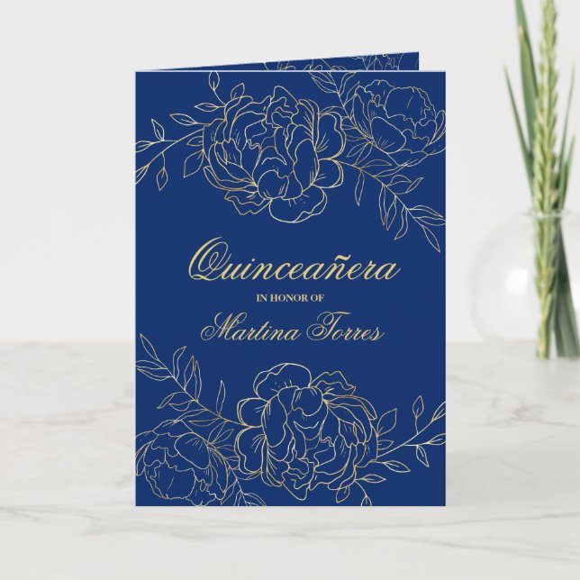 Invitation Elégant or Royal Blue Fine Floral Quinceanera (Devant)