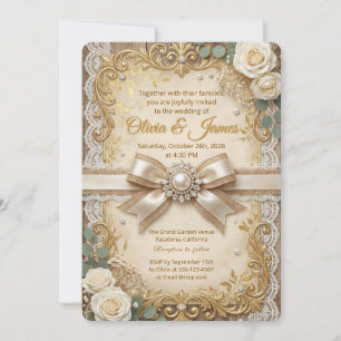 Invitation Élégant Or Rustique Dentelle Ivory Rose Perle Nœud