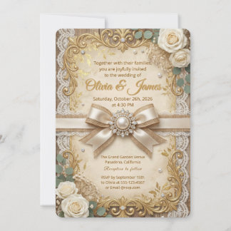 Invitation Élégant Or Rustique Dentelle Ivory Rose Perle Nœud