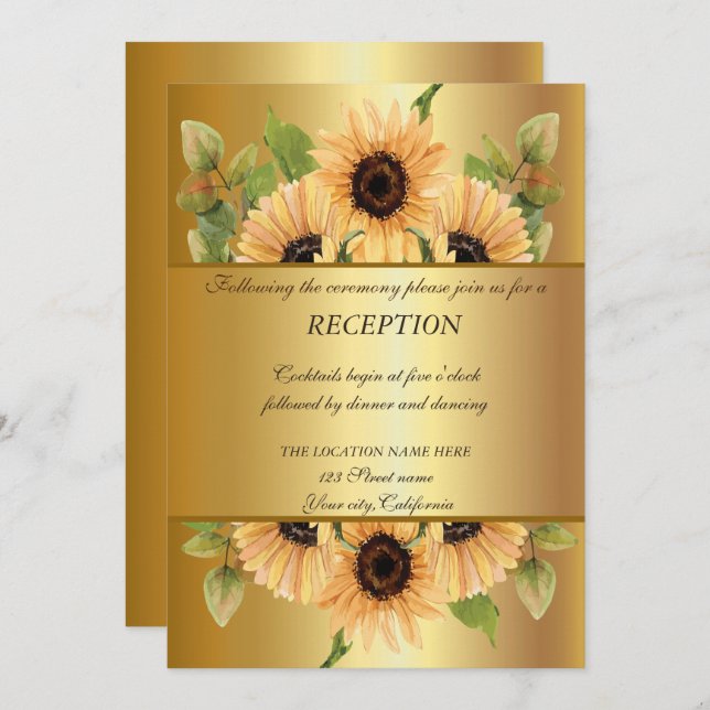 Invitation Elégant Or, Sunflower Mariage Réception (Devant / Derrière)