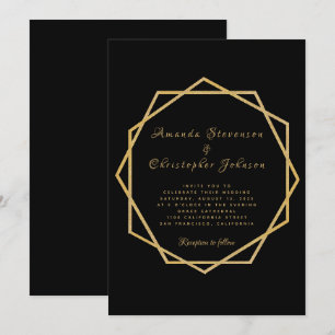 Invitation Elégant or sur Mariage géométrique moderne noir