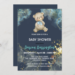 Invitation Elégant or teddy Ours aquarelle bébé garçon douche