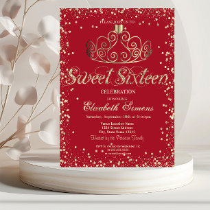 Invitation Elégant or Tiara Diamonds Confetti Rouge Sweet 16