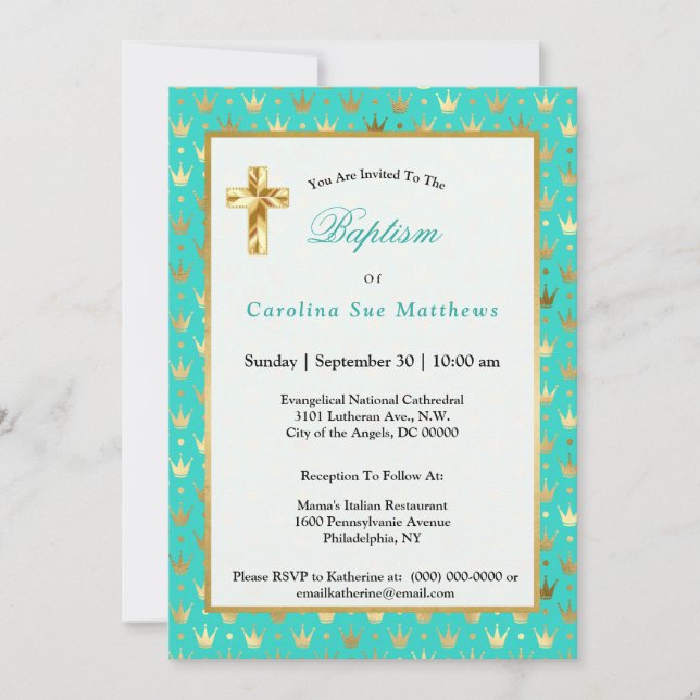 Invitation Élégant or Turquoise Couronne Baptême (Devant)