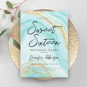 Invitation Elégant or Turquoise Parties scintillant Chic Marb