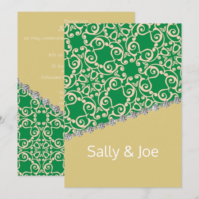 Invitation Élégant OR VERT ABSTRAIT Mariage diamant (Devant / Derrière)