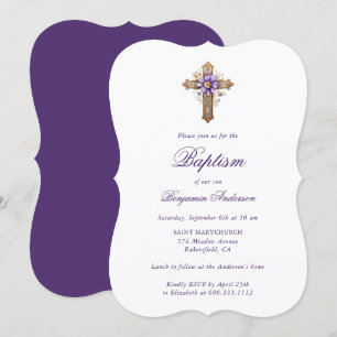 Invitation Élégant or violet Floral Cross Boy Baptism garçon