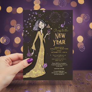 Invitation Élégant Or Violet Nouvel An Glamour Entreprise