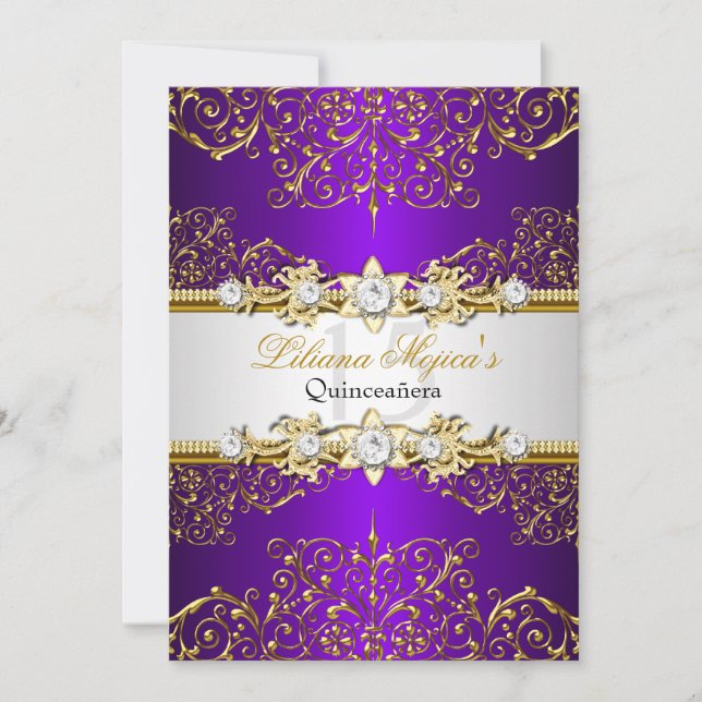 Invitation Elégant or violet Vintage Glamour Quinceanera (Devant)