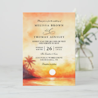 Invitation Elegant Orange Beach Sunset QR Code Wedding