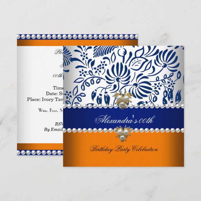 Invitation Élégant Orange Bleu Marine Damassé Perle Soirée 2 (Devant / Derrière)