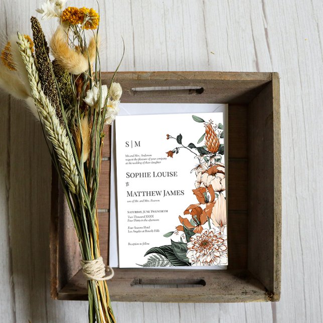 Invitation Elégant orange et vert Mariage floral (Créateur téléchargé)