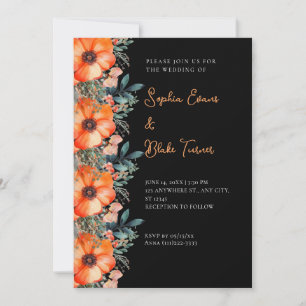 Invitation Elégant Orange Floral et Mariage noir verdoyant