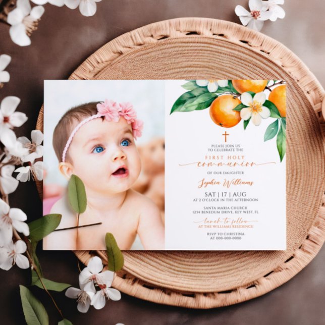 Invitation Elégant Orange Floral Photo Première Communion Sai (Créateur téléchargé)